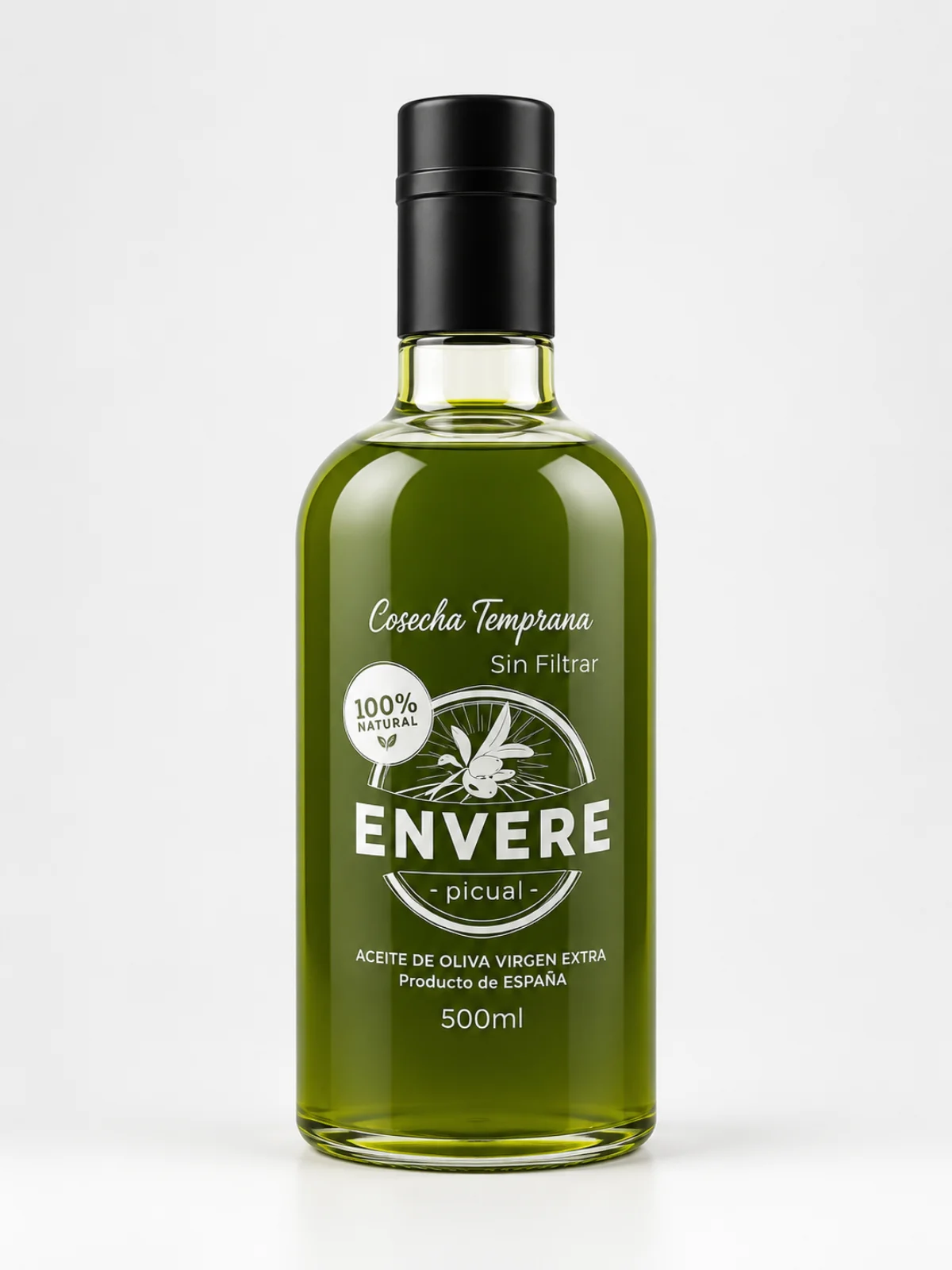Botella de 500 ml de aceite de oliva virgen extra Envere de cosecha temprana sin filtrar, variedad Picual
